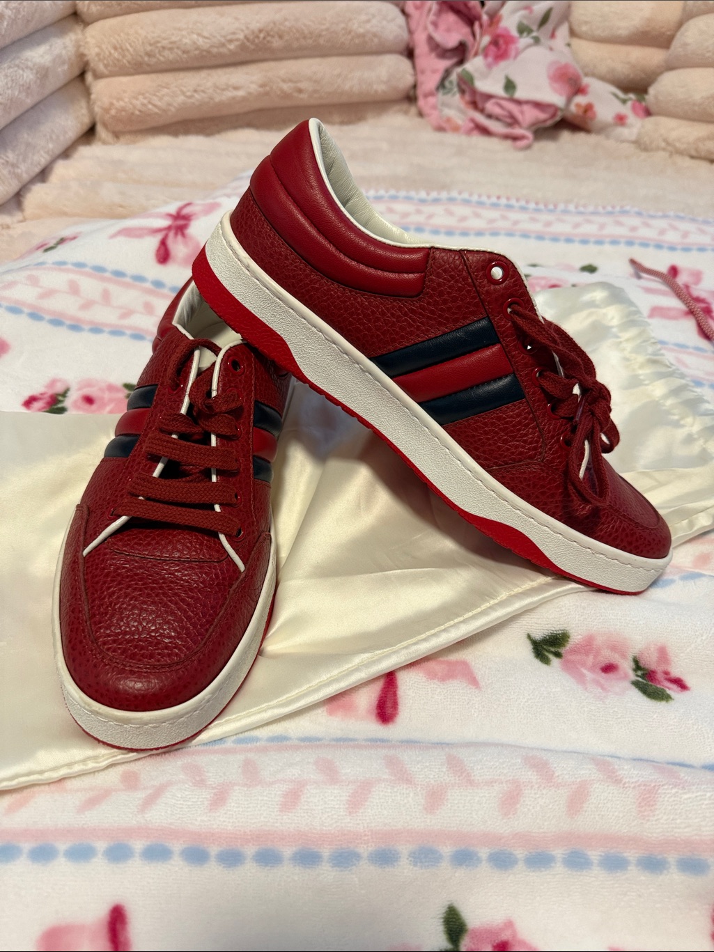 Gucci Red Leather Sneakers With Navy Stripes